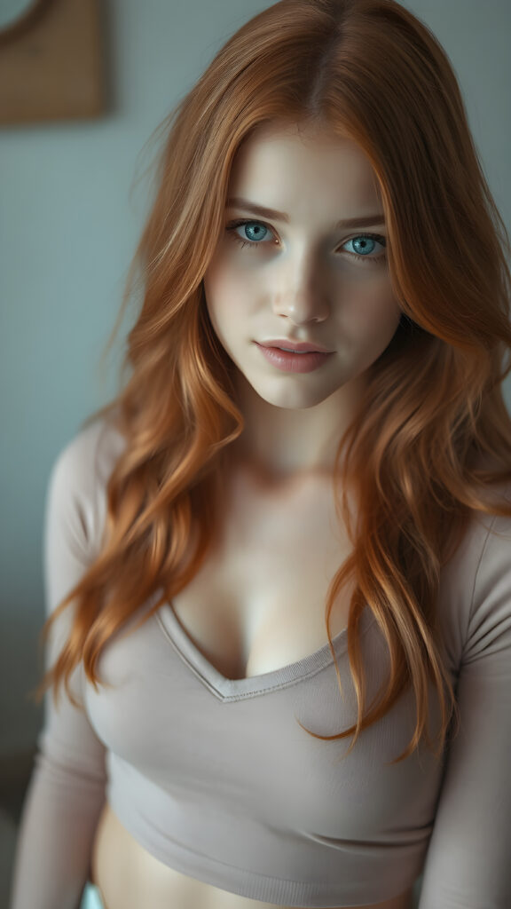 a (((perfectly proportioned portrait))), with stunning (light blue eyes) that emit a gentle glow, framed by (soft, long red hair) that creates a cozy, warm atmosphere. The subject is a (((beautiful well busty teen girl))) who exudes self-confidence, with a (healthy glow) on her skin, wearing a (tight deep v-neck crop top) that accentuates her perfect body, complemented by (realistic, detailed soft light) that brings out her (best features)