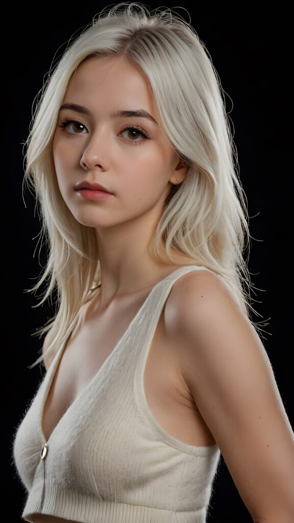 a (((perfectly proportioned portrait))), visualize a cute picture: a detailed young teen girl, with soft straight very long jet white hair, bangs cut frame her round face, exuding a sense of melancholy and loneliness, full lips, (((white cropped short tank top made of fine wool)) which perfectly shaped her body, deep v-neck), side view (((against a black backdrop))) ((upper body portrait)), perfect shadow and light