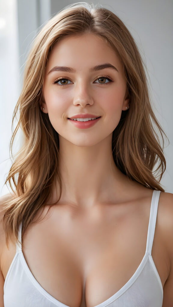 a (((perfectly realistic full-body portrait))), featuring a (((very cute young silver skinned well busty teen girl))) with ((bright white tank top, deep v-neck, open front)), (((detailed, realistic light hazelnut brown long straight soft hair))), and (((clear skin))), accompanied by (((full, defined lips))), that give off a (natural, glowing smile, white teeth). Her face is (((beautifully drawn))), and (((a small, pointed nose))), all framed by (((a slightly pointed chin))), which complements the overall aesthetic. The portrait is (((side-view, looking slightly to the side))), with (((bright, natural light))) illuminating her face and creating a (softly shaded backdrop) that accentuates her features