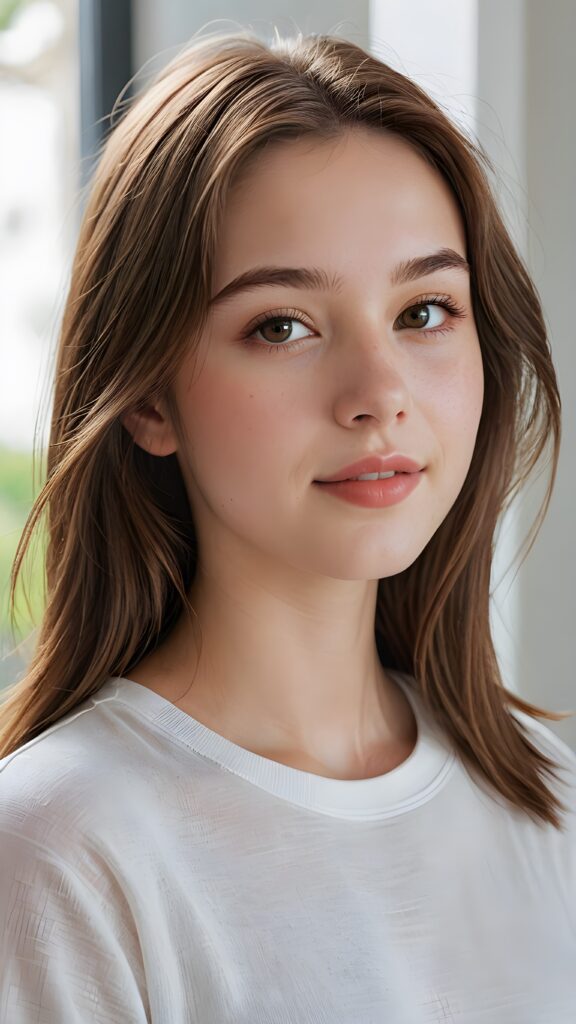 a (((perfectly realistic full-body portrait))), featuring a (((very cute young teen girl))) with ((bright white t-shirt)), (((detailed, realistic brown straight hair))), and (((pale, clear skin))), accompanied by (((full, defined lips))), that give off a (natural, glowing smile). Her face is (((beautifully drawn))), with (((two perfectly matching, white and closed eyes))), and (((a small, pointed nose))), all framed by (((a slightly pointed chin))), which complements the overall aesthetic. The portrait is (((side-view, looking slightly to the side))), with (((bright, natural light))) illuminating her face and creating a (softly shaded backdrop) that accentuates her features