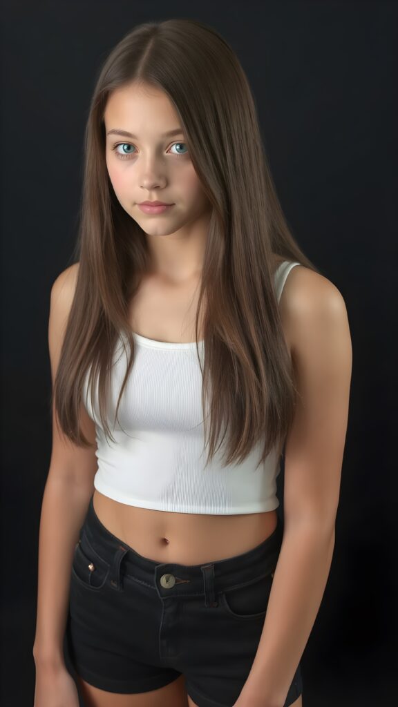 a (((perfectly proportioned, super cute teen girl))), with straight soft very long dark brown hair, (full lips), and (((big eyes))) that exude innocence, paired with a (short cropped tank top) that emphasizes her (perfect skin) and (flawlessly matching eyes). Her figure is so perfectly proportioned that it defies reality, with a (distinctive six-pack on her abs) that perfectly complements her overall aesthetic. (((FULL LENGTH, SHOW HEAD, BODY, LEGS AND FEET))) (((against a black backdrop))) ((upper body portrait))