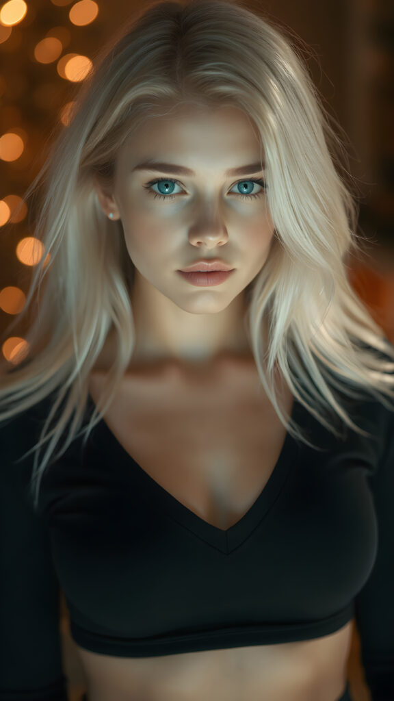 a (((perfectly proportioned portrait))), with stunning (lightblue eyes) that emit a gentle glow, framed by (soft, long white hair) that creates a cozy, warm atmosphere. The subject is a (((beautiful well busty teen girl))) who exudes self-confidence, with a (healthy glow) on her skin, wearing a (tight deep v-neck crop top) that accentuates her perfect body, complemented by (realistic, detailed soft light) that brings out her (best features)