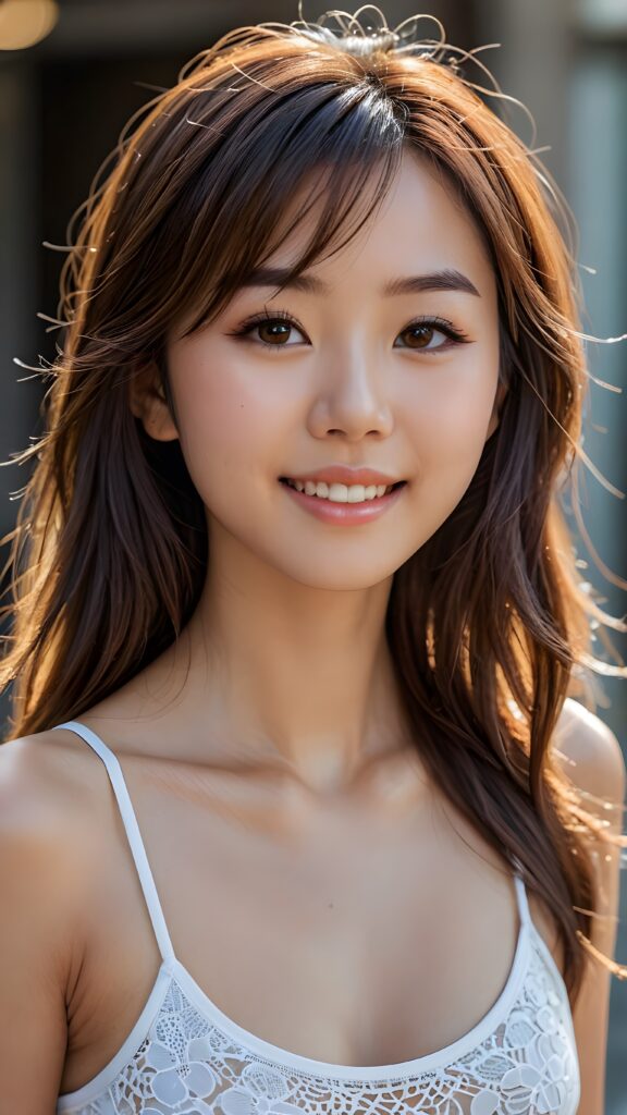 a (((perfectly realistic full-body portrait))), featuring a (((very cute young Japanese girl))) with, ((straight brown long soft hair)) and (((brightly shiny brown eyes))), wearing a (((white spaghetti tank top))) that matches her flawless complexion, exuding a gentle smile. You can see her belly button. Her full lips are (((kissable, with a soft, inviting glow))) and ((perfectly aligned teeth) that complement her overall look. She’s (((looking over her shoulder))) into the camera, framed by her (full body) with a (sunlight accentuating her natural features). The scene is (((extremely hyper-detailed and hyper-quality))), evoking a (((high-resolution, 8K resolution, with intricate patterns and subtle details that pop at 32K contrast)))