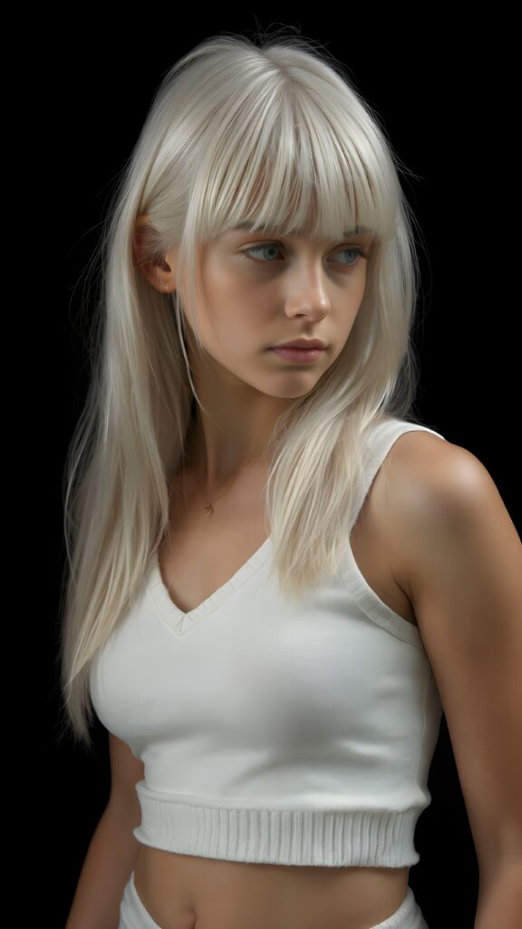 a (((perfectly proportioned portrait))), visualize a cute picture: a detailed young teen girl, with soft straight very long jet white hair, bangs cut frame her round face, exuding a sense of melancholy and loneliness, full lips, (((white cropped short tank top made of fine wool)) which perfectly shaped her body, deep v-neck), side view (((against a black backdrop))) ((upper body portrait)), perfect shadow and light