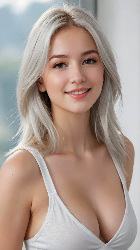 a (((perfectly realistic full-body portrait))), featuring a (((very cute young silver skinned well busty teen girl))) with ((bright white tank top, deep v-neck, open front)), (((detailed, realistic platinum long straight soft hair))), and (((pale, clear skin))), accompanied by (((full, defined lips))), that give off a (natural, glowing smile, white teeth). Her face is (((beautifully drawn))), and (((a small, pointed nose))), all framed by (((a slightly pointed chin))), which complements the overall aesthetic. The portrait is (((side-view, looking slightly to the side))), with (((bright, natural light))) illuminating her face and creating a (softly shaded backdrop) that accentuates her features