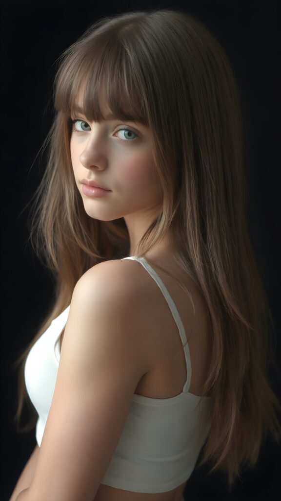 a (((perfectly proportioned portrait))) an cute detailed teen girl, with soft straight very long jet light brown hair, bangs cut frame her round face, exuding a sense of melancholy and loneliness, full lips, (((white cropped short tank top, deep v-neck, open front)) which perfectly shaped her female curved body), side view (((against a black backdrop))) ((upper body portrait))