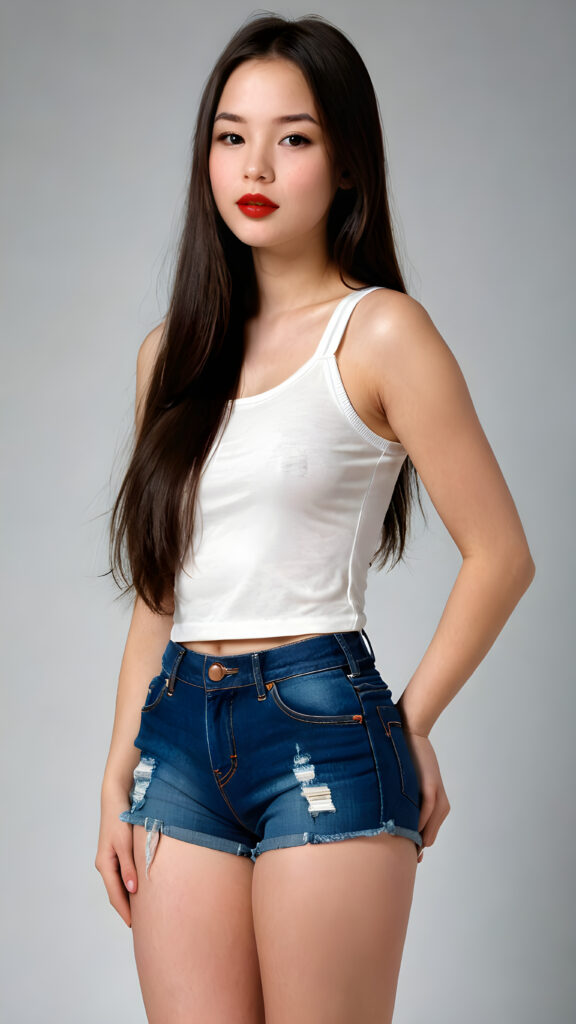 a (((perfectly curved teen model girl))), age 15, with (((dark straight very long soft hair))), featuring (((dark full red lips))), and a (((small round flawless face))), with (((big round cheeks))), and a (((dreamlike beauty mark))), her clothes are (((sleek and tight, yet playful and fun))), with (((tattered shorts))) against a empty backdrop