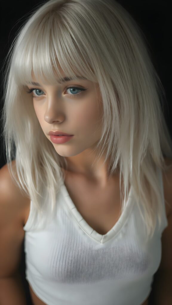 a (((perfectly proportioned portrait))), visualize a cute picture: a detailed young teen girl, with soft straight very long jet white hair, bangs cut frame her round face, exuding a sense of melancholy and loneliness, full lips, (((white cropped short tank top made of fine wool)) which perfectly shaped her body, deep v-neck), side view (((against a black backdrop))) ((upper body portrait)), perfect shadow and light