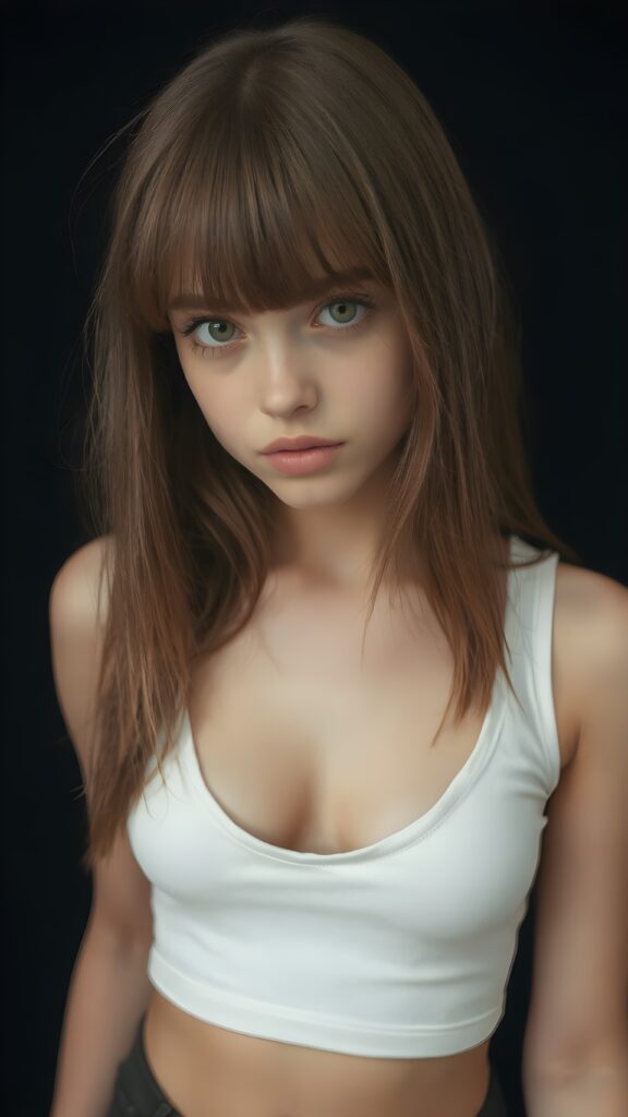 a (((perfectly proportioned portrait))) an cute detailed teen girl, with soft straight very long jet light brown hair, bangs cut frame her round face, exuding a sense of melancholy and loneliness, full lips, (((white cropped short tank top, deep v-neck, open front)) which perfectly shaped her female curved body), side view (((against a black backdrop))) ((upper body portrait))