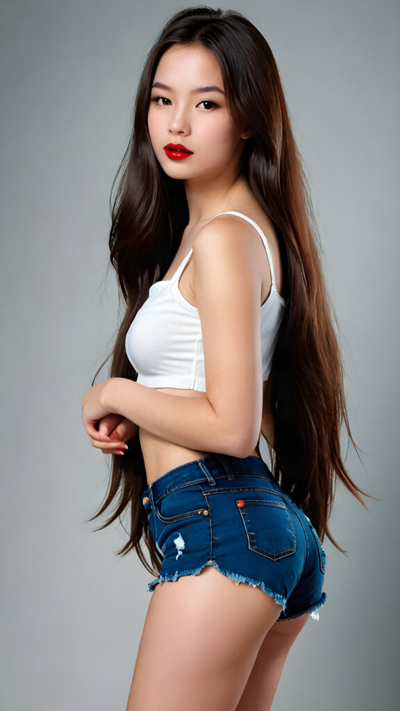 a (((perfectly curved teen model girl))), age 15, with (((dark straight very long soft hair))), featuring (((dark full red lips))), and a (((small round flawless face))), with (((big round cheeks))), and a (((dreamlike beauty mark))), her clothes are (((sleek and tight, yet playful and fun))), with (((tattered shorts))) against a empty backdrop