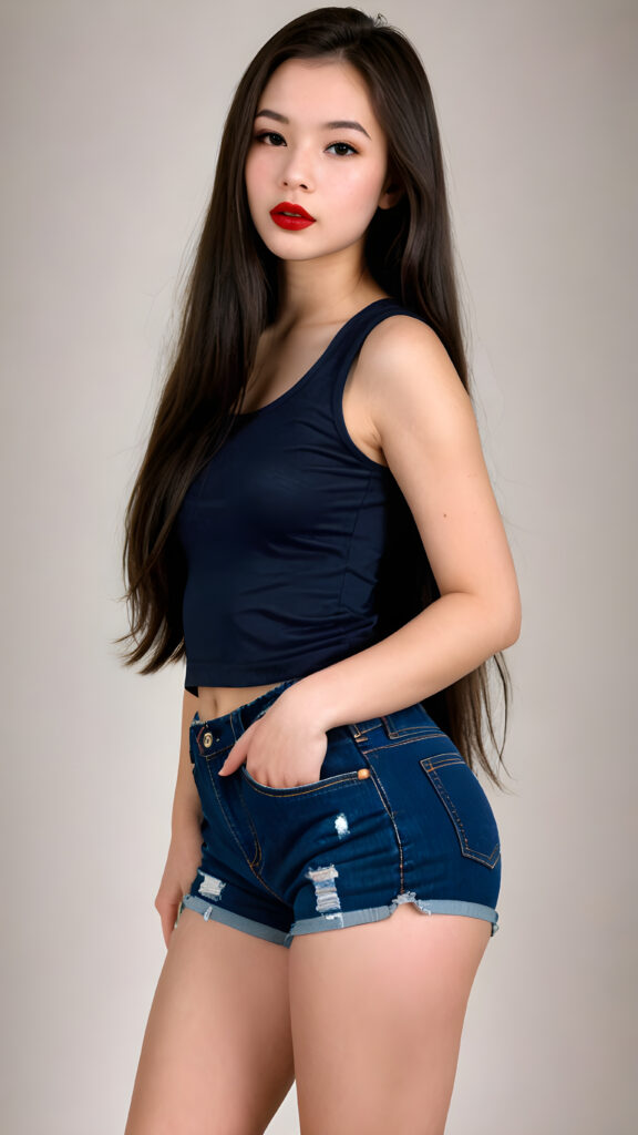 a (((perfectly curved teen model girl))), age 15, with (((dark straight very long soft hair))), featuring (((dark full red lips))), and a (((small round flawless face))), with (((big round cheeks))), and a (((dreamlike beauty mark))), her clothes are (((sleek and tight, yet playful and fun))), with (((tattered shorts))) against a empty backdrop