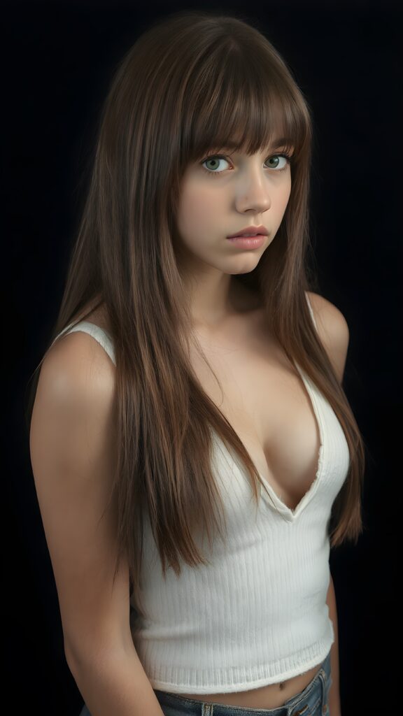 a (((perfectly proportioned portrait))) an cute picture from a detailed teen girl, 14 years old, with soft straight very long jet brown hair, bangs cut frame her round face, exuding a sense of melancholy and loneliness, full lips, (((white cropped short tank top made of fine wool, deep v-neck, open front)) which perfectly shaped her body), side view (((against a black backdrop))) ((upper body portrait))