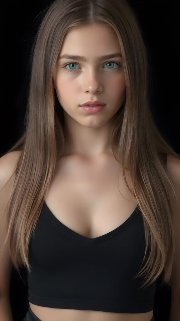 a (((perfectly proportioned, super cute teen girl))), with straight soft very long dark brown hair, (full lips), and (((big eyes))) that exude innocence, paired with a (short cropped tank top) that emphasizes her (perfect skin) and (flawlessly matching eyes). Her figure is so perfectly proportioned that it defies reality, with a (distinctive six-pack on her abs) that perfectly complements her overall aesthetic. (((FULL LENGTH, SHOW HEAD, BODY, LEGS AND FEET))) (((against a black backdrop))) ((upper body portrait))