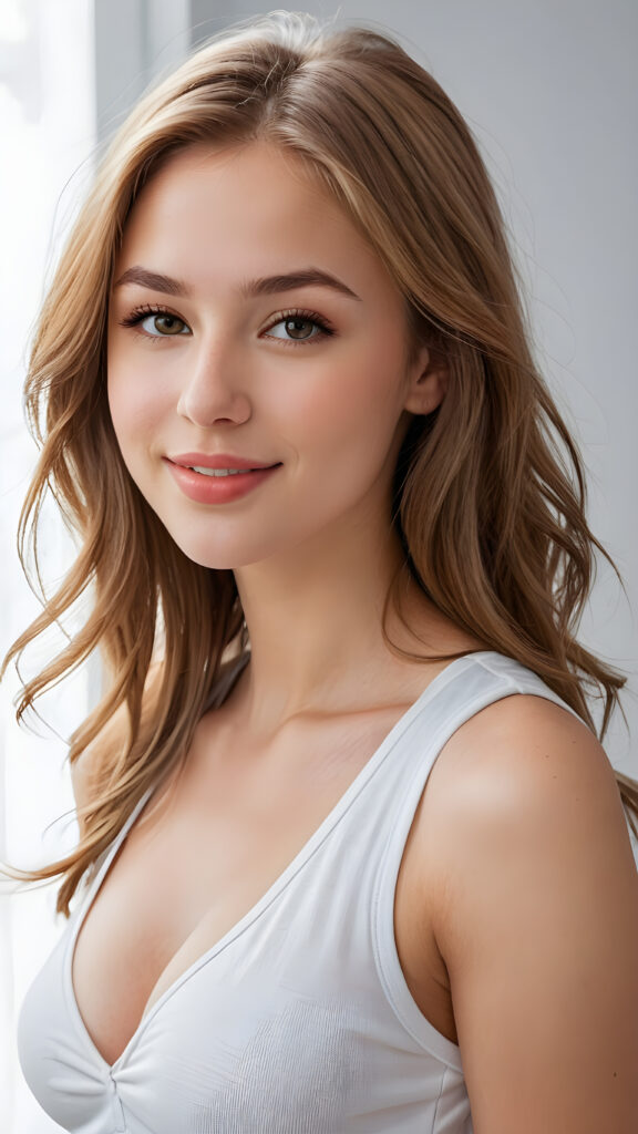 a (((perfectly realistic full-body portrait))), featuring a (((very cute young silver skinned well busty teen girl))) with ((bright white tank top, deep v-neck, open front)), (((detailed, realistic light hazelnut brown long straight soft hair))), and (((clear skin))), accompanied by (((full, defined lips))), that give off a (natural, glowing smile, white teeth). Her face is (((beautifully drawn))), and (((a small, pointed nose))), all framed by (((a slightly pointed chin))), which complements the overall aesthetic. The portrait is (((side-view, looking slightly to the side))), with (((bright, natural light))) illuminating her face and creating a (softly shaded backdrop) that accentuates her features