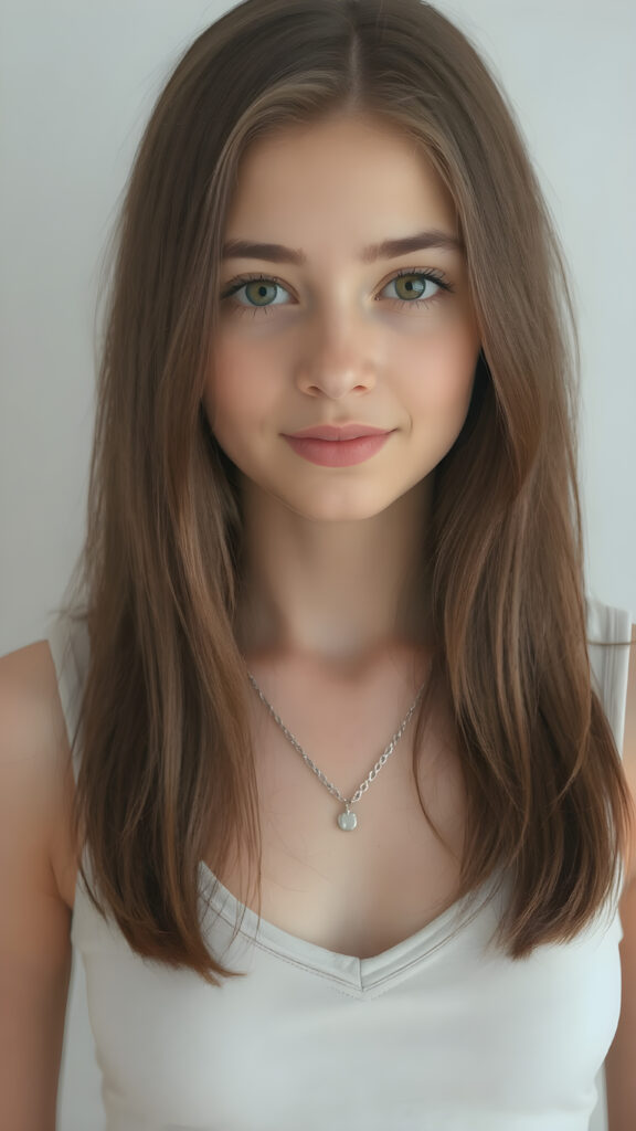 a (((perfectly detailed full body portrait))), featuring a (((beautiful young teen girl))) with straight soft long brown hair, realistic amber eyes, and a flawless fair complexion. Her expression exudes warmth and vitality, wearing a (((cropped tank top))), ((perfectly fitted)) with a (((deep v-neck))), that brings out her perfectly proportioned figure, perfectly aligned front to back. She wears a (plain silver necklace) that complements her ensemble. The scene is (((light grey and warm white) toned) to create a cozy, inviting atmosphere