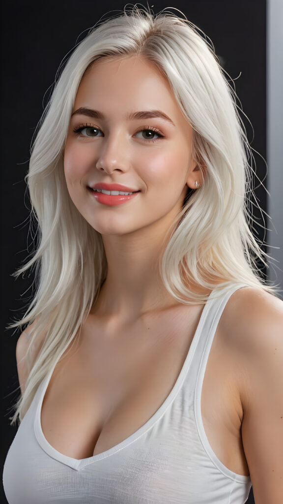 a (((perfectly realistic full-body portrait))), featuring a (((very cute young silver skinned well busty teen girl))) with ((bright white tank top, deep v-neck, open front)), (((detailed, realistic light white long straight soft hair))), and (((clear skin))), accompanied by (((full, defined lips))), that give off a (natural, glowing smile, white teeth). Her face is (((beautifully drawn))), and (((a small, pointed nose))), all framed by (((a slightly pointed chin))), which complements the overall aesthetic. The portrait is (((side-view, looking slightly to the side))), with (((bright, natural light))) illuminating her face and creating a (softly shaded backdrop) that accentuates her features, ((black dimmed backdrop))