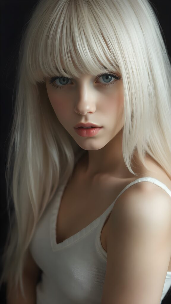 a (((perfectly proportioned portrait))), visualize a cute picture: a detailed young teen girl, with soft straight very long jet white hair, bangs cut frame her round face, exuding a sense of melancholy and loneliness, full lips, (((white cropped short tank top made of fine wool)) which perfectly shaped her body, deep v-neck), side view (((against a black backdrop))) ((upper body portrait)), perfect shadow and light