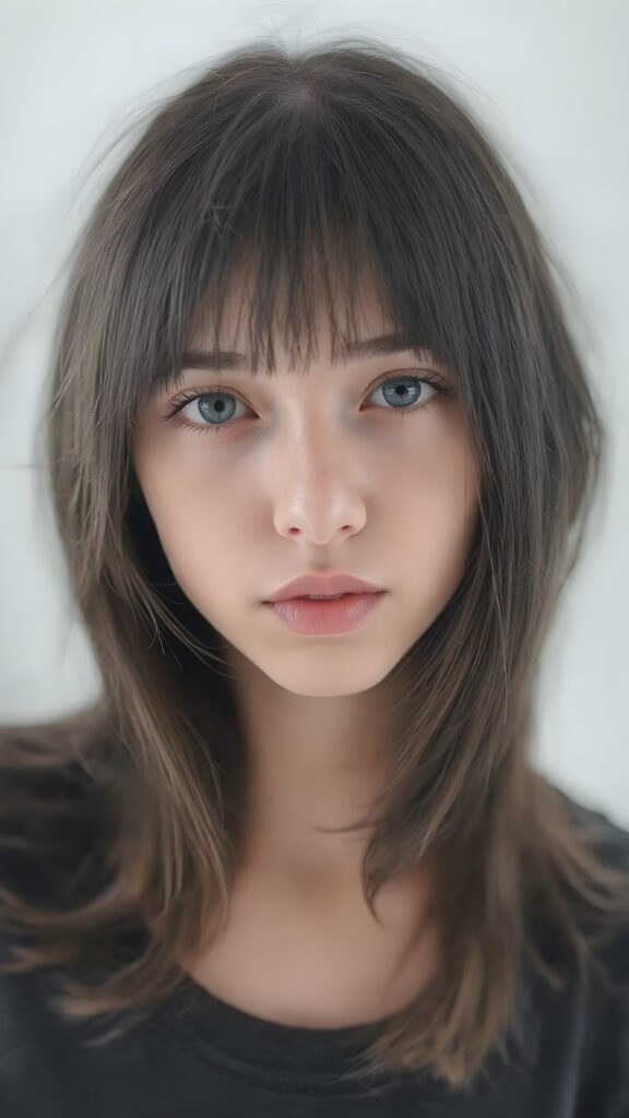 a (((perfectly detailed (((full body portrait))), capturing a (((cute teen emo girl))) with shoulder-length, soft obsidian black straight hair framing her face in side-swept bangs, emitting an otherworldly glow that gives her features a surreal, ethereal quality. Her face is (((beautifully round and flawless))), with (full, defined lips) that convey a sense of tenderness and melancholy. She's dressed in a ((white translucent, short, knee-length wool straight pants)) that show off her (extremely long, flawlessly smooth and perfectly proportioned legs). The scene is (softly backlit) with a (front fill light) on her face and (natural light) in the background, which brings out her (extremely long, silky and shiny hair).