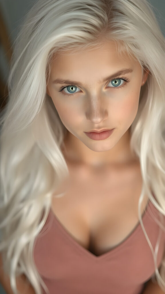 a (((perfectly proportioned portrait))), with stunning (lightblue eyes) that emit a gentle glow, framed by (soft, long white hair) that creates a cozy, warm atmosphere. The subject is a (((beautiful well busty teen girl))) who exudes self-confidence, with a (healthy glow) on her skin, wearing a (tight deep v-neck crop top) that accentuates her perfect body, complemented by (realistic, detailed soft light) that brings out her (best features)