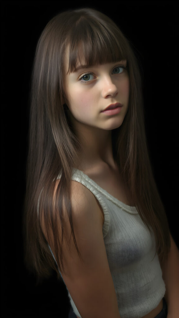 a (((perfectly proportioned portrait))), visualize a cute picture: a detailed teen girl, 14 years old, with soft straight very long jet hair, bangs cut frame her round face, exuding a sense of melancholy and loneliness, full lips, (((white cropped short tank top made of fine wool)) which perfectly shaped her body, deep v-neck), side view (((against a black backdrop))) ((upper body portrait))