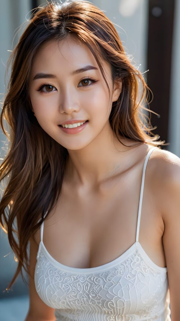 a (((perfectly realistic full-body portrait))), featuring a (((very cute young Japanese girl))) with, ((straight brown long soft hair)) and (((brightly shiny brown eyes))), wearing a (((white spaghetti tank top))) that matches her flawless complexion, exuding a gentle smile. You can see her belly button. Her full lips are (((kissable, with a soft, inviting glow))) and ((perfectly aligned teeth) that complement her overall look. She’s (((looking over her shoulder))) into the camera, framed by her (full body) with a (sunlight accentuating her natural features). The scene is (((extremely hyper-detailed and hyper-quality))), evoking a (((high-resolution, 8K resolution, with intricate patterns and subtle details that pop at 32K contrast)))