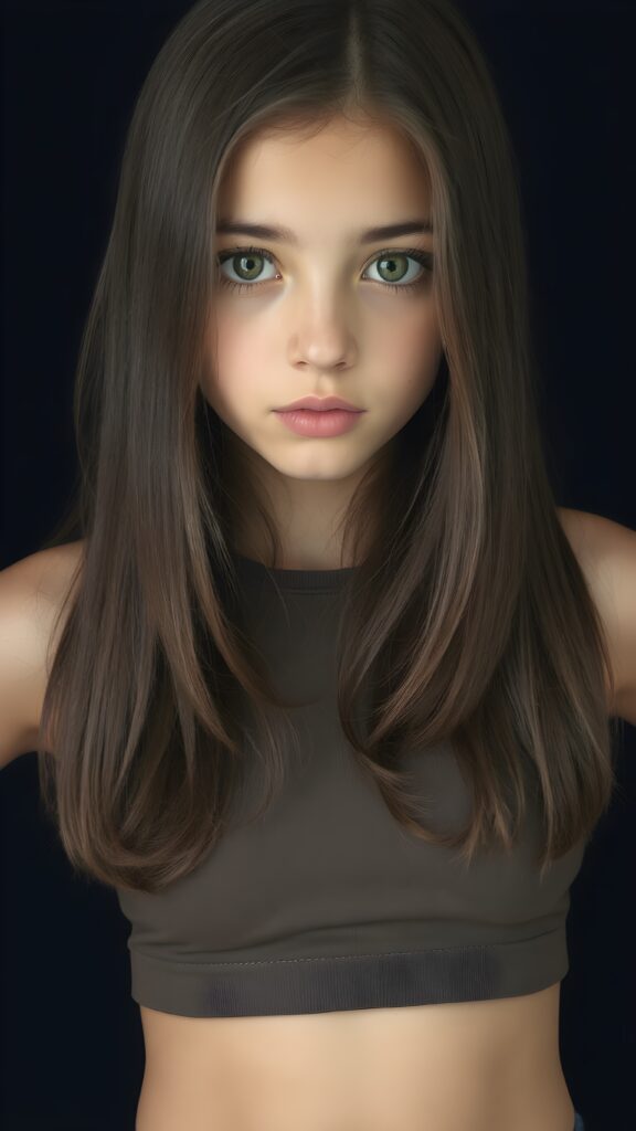 a (((perfectly proportioned, super cute teen girl))), with straight soft very long dark brown hair, (full lips), and (((big eyes))) that exude innocence, paired with a (short cropped tank top) that emphasizes her (perfect skin) and (flawlessly matching eyes). Her figure is so perfectly proportioned that it defies reality, with a (distinctive six-pack on her abs) that perfectly complements her overall aesthetic, (((against a black backdrop))) ((upper body portrait))