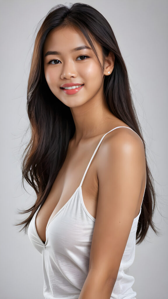 a (((perfectly realistic full-body portrait))), featuring a (((very cute young silver skinned well busty Indonesian teen girl))) with ((bright white tank top, deep v-neck, open front)), (((detailed, realistic long straight soft hair))), and (((clear skin))), accompanied by (((full, defined lips))), that give off a (natural, glowing smile, white teeth). Her face is (((beautifully drawn))), and (((a small, pointed nose))), all framed by (((a slightly pointed chin))), which complements the overall aesthetic. The portrait is (((side-view, looking slightly to the side))), with (((bright, natural light))) illuminating her face and creating a (softly shaded backdrop) that accentuates her features