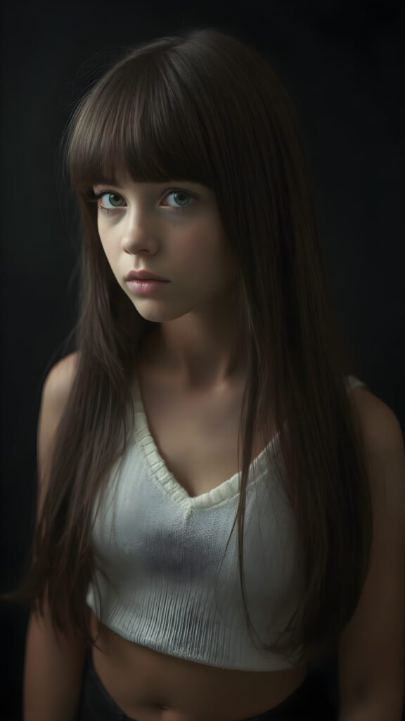 a (((perfectly proportioned portrait))), visualize a cute picture: a detailed teen girl, 14 years old, with soft straight very long jet hair, bangs cut frame her round face, exuding a sense of melancholy and loneliness, full lips, (((white cropped short tank top made of fine wool)) which perfectly shaped her body, deep v-neck), side view (((against a black backdrop))) ((upper body portrait))