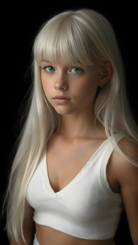 a (((perfectly proportioned portrait))), visualize a cute picture: a detailed teen girl, 13 years old, with soft straight very long jet white hair, bangs cut frame her round face, exuding a sense of melancholy and loneliness, full lips, (((white cropped short tank top made of fine wool)) which perfectly shaped her body, deep v-neck), side view (((against a black backdrop))) ((upper body portrait))