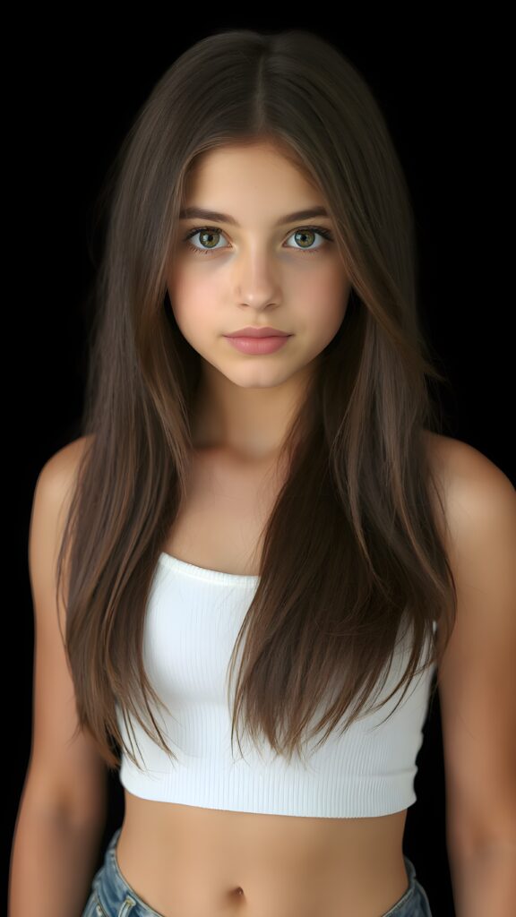 a (((perfectly proportioned, super cute teen girl))), with straight soft very long dark brown hair, (full lips), and (((big eyes))) that exude innocence, paired with a (short cropped tank top) that emphasizes her (perfect skin) and (flawlessly matching eyes). Her figure is so perfectly proportioned that it defies reality, with a (distinctive six-pack on her abs) that perfectly complements her overall aesthetic, (((against a black backdrop))) ((upper body portrait))