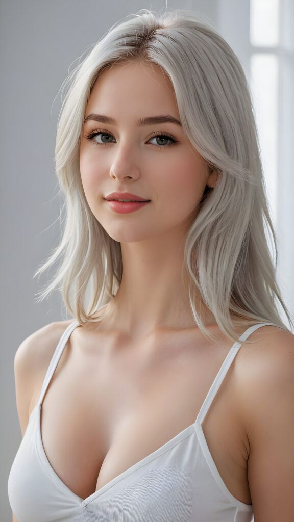 a (((perfectly realistic full-body portrait))), featuring a (((very cute young silver skinned well busty teen girl))) with ((bright white tank top, deep v-neck, open front)), (((detailed, realistic platinum long straight soft hair))), and (((pale, clear skin))), accompanied by (((full, defined lips))), that give off a (natural, glowing smile, white teeth). Her face is (((beautifully drawn))), and (((a small, pointed nose))), all framed by (((a slightly pointed chin))), which complements the overall aesthetic. The portrait is (((side-view, looking slightly to the side))), with (((bright, natural light))) illuminating her face and creating a (softly shaded backdrop) that accentuates her features