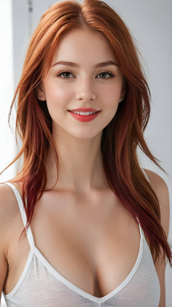 a (((perfectly realistic full-body portrait))), featuring a (((very cute young silver skinned well busty teen girl))) with ((bright white tank top, deep v-neck, open front)), (((detailed, realistic red long straight soft hair))), and (((clear skin))), accompanied by (((full, defined lips))), that give off a (natural, glowing smile, white teeth). Her face is (((beautifully drawn))), and (((a small, pointed nose))), all framed by (((a slightly pointed chin))), which complements the overall aesthetic. The portrait is (((side-view, looking slightly to the side))), with (((bright, natural light))) illuminating her face and creating a (softly shaded backdrop) that accentuates her features