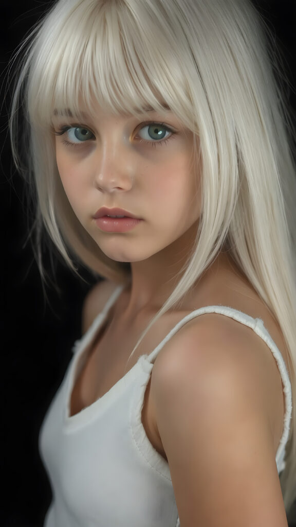 a (((perfectly proportioned portrait))), visualize a cute picture: a detailed teen girl, 13 years old, with soft straight very long jet white hair, bangs cut frame her round face, exuding a sense of melancholy and loneliness, full lips, (((white cropped short tank top made of fine wool)) which perfectly shaped her body, deep v-neck), side view (((against a black backdrop))) ((upper body portrait))