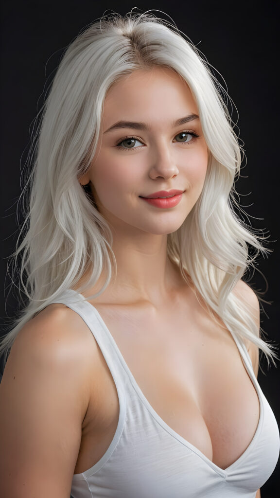 a (((perfectly realistic full-body portrait))), featuring a (((very cute young silver skinned well busty teen girl))) with ((bright white tank top, deep v-neck, open front)), (((detailed, realistic light white long straight soft hair))), and (((clear skin))), accompanied by (((full, defined lips))), that give off a (natural, glowing smile, white teeth). Her face is (((beautifully drawn))), and (((a small, pointed nose))), all framed by (((a slightly pointed chin))), which complements the overall aesthetic. The portrait is (((side-view, looking slightly to the side))), with (((bright, natural light))) illuminating her face and creating a (softly shaded backdrop) that accentuates her features, ((black dimmed backdrop))