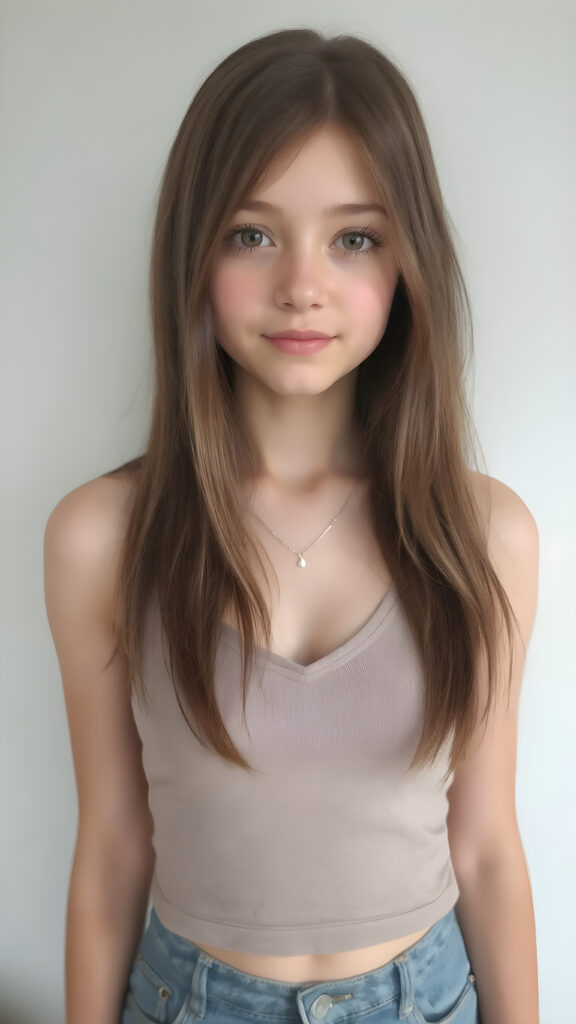 a (((perfectly detailed full body portrait))), featuring a (((beautiful young teen girl))) with straight soft long brown hair, realistic amber eyes, and a flawless fair complexion. Her expression exudes warmth and vitality, wearing a (((cropped tank top))), ((perfectly fitted)) with a (((deep v-neck))), that brings out her perfectly proportioned figure, perfectly aligned front to back. She wears a (plain silver necklace) that complements her ensemble. The scene is (((light grey and warm white) toned) to create a cozy, inviting atmosphere