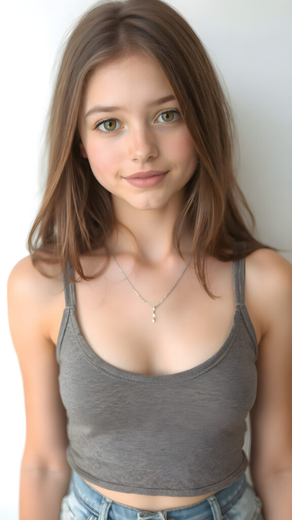 a (((perfectly detailed full body portrait))), featuring a (((beautiful young teen girl))) with straight soft long brown hair, realistic amber eyes, and a flawless fair complexion. Her expression exudes warmth and vitality, wearing a (((cropped tank top))), ((perfectly fitted)) with a (((deep v-neck))), that brings out her perfectly proportioned figure, perfectly aligned front to back. She wears a (plain silver necklace) that complements her ensemble. The scene is (((light grey and warm white) toned) to create a cozy, inviting atmosphere