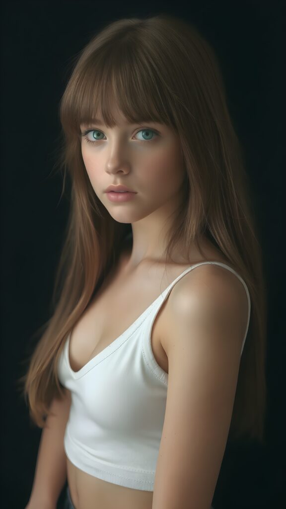 a (((perfectly proportioned portrait))) an cute detailed teen girl, with soft straight very long jet light brown hair, bangs cut frame her round face, exuding a sense of melancholy and loneliness, full lips, (((white cropped short tank top, deep v-neck, open front)) which perfectly shaped her female curved body), side view (((against a black backdrop))) ((upper body portrait))