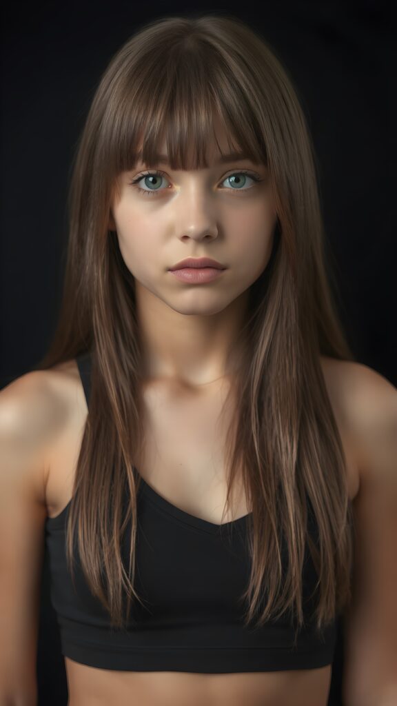 a (((perfectly proportioned, super cute teen girl))), with straight soft very long dark brown hair, (full lips), and (((big eyes))) that exude innocence, paired with a (short cropped tank top) that emphasizes her (perfect skin) and (flawlessly matching eyes). Her figure is so perfectly proportioned that it defies reality, with a (distinctive six-pack on her abs) that perfectly complements her overall aesthetic. (((FULL LENGTH, SHOW HEAD, BODY, LEGS AND FEET))) (((against a black backdrop))) ((upper body portrait))