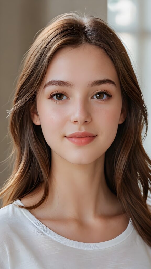 a (((perfectly realistic full-body portrait))), featuring a (((very cute young teen girl))) with ((bright white t-shirt)), (((detailed, realistic brown straight hair))), and (((pale, clear skin))), accompanied by (((full, defined lips))), that give off a (natural, glowing smile). Her face is (((beautifully drawn))), with (((two perfectly matching, white and closed eyes))), and (((a small, pointed nose))), all framed by (((a slightly pointed chin))), which complements the overall aesthetic. The portrait is (((side-view, looking slightly to the side))), with (((bright, natural light))) illuminating her face and creating a (softly shaded backdrop) that accentuates her features