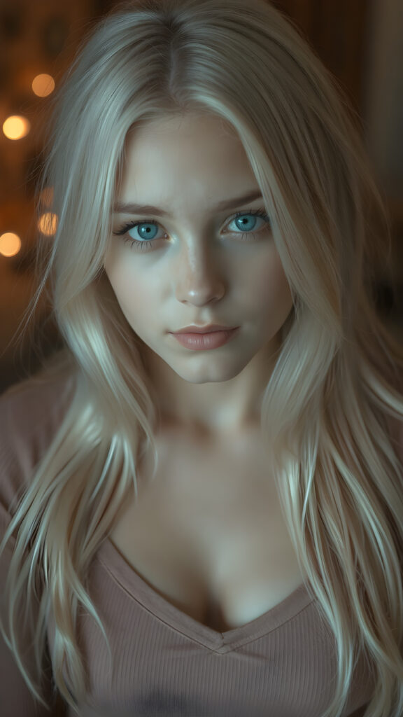 a (((perfectly proportioned portrait))), with stunning (lightblue eyes) that emit a gentle glow, framed by (soft, long white hair) that creates a cozy, warm atmosphere. The subject is a (((beautiful well busty teen girl))) who exudes self-confidence, with a (healthy glow) on her skin, wearing a (tight deep v-neck crop top) that accentuates her perfect body, complemented by (realistic, detailed soft light) that brings out her (best features)