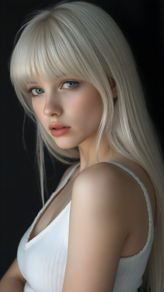 a (((perfectly proportioned portrait))), visualize a cute picture: a detailed young teen girl, with soft straight very long jet white hair, bangs cut frame her round face, exuding a sense of melancholy and loneliness, full lips, (((white cropped short tank top made of fine wool)) which perfectly shaped her body, deep v-neck), side view (((against a black backdrop))) ((upper body portrait)), perfect shadow and light