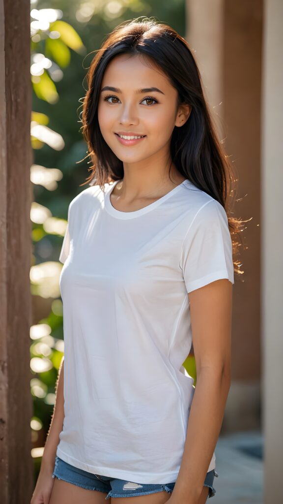 a (((perfectly realistic full-body portrait))), featuring a (((very cute young girl))) with, ((straight black shoulder long soft hair)) and (((brightly shiny brown eyes))), wearing a (((white plain short and thin t-shirt))) that matches her flawless complexion, exuding a gentle smile. Her lips are (((kissable, with a soft, inviting glow))) and ((perfectly aligned teeth) that complement her overall look. She’s (((looking over her shoulder))) into the camera, framed by her (full body) with a (sunlight accentuating her natural features). The scene is (((extremely hyper-detailed and hyper-quality))), evoking a (((high-resolution, 8K resolution, with intricate patterns and subtle details that pop at 32K contrast)))