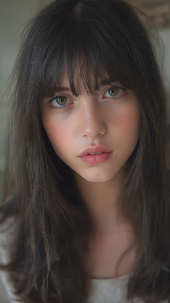 a (((perfectly detailed (((full body portrait))), capturing a (((cute teen emo girl))) with shoulder-length, soft obsidian black straight hair framing her face in side-swept bangs, emitting an otherworldly glow that gives her features a surreal, ethereal quality. Her face is (((beautifully round and flawless))), with (full, defined lips) that convey a sense of tenderness and melancholy. She's dressed in a ((white translucent, short, knee-length wool straight pants)) that show off her (extremely long, flawlessly smooth and perfectly proportioned legs). The scene is (softly backlit) with a (front fill light) on her face and (natural light) in the background, which brings out her (extremely long, silky and shiny hair).