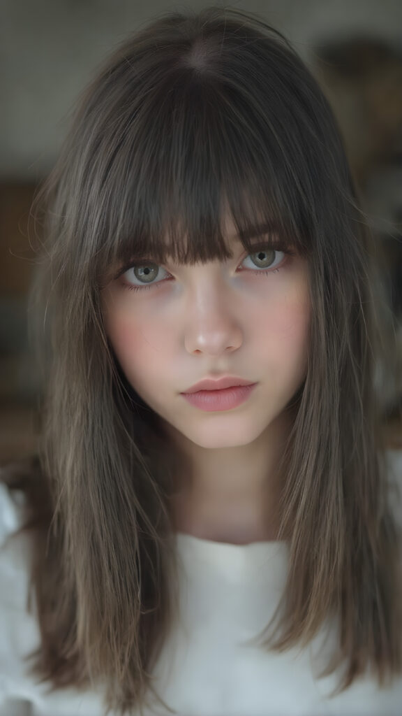 a (((perfectly detailed (((full body portrait))), capturing a (((cute teen emo girl))) with shoulder-length, soft obsidian black straight hair framing her face in side-swept bangs, emitting an otherworldly glow that gives her features a surreal, ethereal quality. Her face is (((beautifully round and flawless))), with (full, defined lips) that convey a sense of tenderness and melancholy. She's dressed in a ((white translucent, short, knee-length wool straight pants)) that show off her (extremely long, flawlessly smooth and perfectly proportioned legs). The scene is (softly backlit) with a (front fill light) on her face and (natural light) in the background, which brings out her (extremely long, silky and shiny hair).