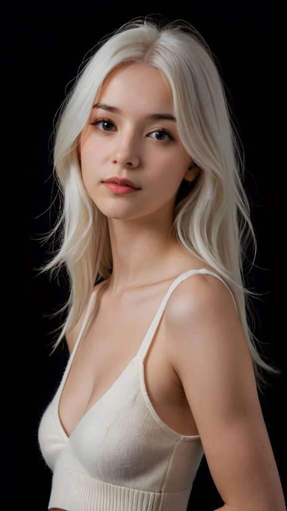 a (((perfectly proportioned portrait))), visualize a cute picture: a detailed young teen girl, with soft straight very long jet white hair, bangs cut frame her round face, exuding a sense of melancholy and loneliness, full lips, (((white cropped short tank top made of fine wool)) which perfectly shaped her body, deep v-neck), side view (((against a black backdrop))) ((upper body portrait)), perfect shadow and light