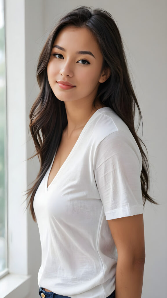 a (((perfectly realistic full-body portrait))), featuring a (((very cute young tanned well busty teen girl))) with ((bright white t-shirt, deep v-neck, open front)), (((detailed, realistic black straight soft hair))), and (((pale, clear skin))), accompanied by (((full, defined lips))), that give off a (natural, glowing smile). Her face is (((beautifully drawn))), with (((two perfectly matching, white and closed eyes))), and (((a small, pointed nose))), all framed by (((a slightly pointed chin))), which complements the overall aesthetic. The portrait is (((side-view, looking slightly to the side))), with (((bright, natural light))) illuminating her face and creating a (softly shaded backdrop) that accentuates her features