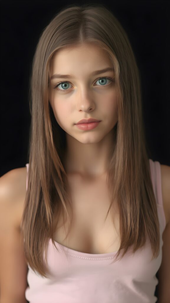 a (((perfectly proportioned, super cute teen girl))), with straight soft very long dark brown hair, (full lips), and (((big eyes))) that exude innocence, paired with a (short cropped tank top) that emphasizes her (perfect skin) and (flawlessly matching eyes). Her figure is so perfectly proportioned that it defies reality, with a (distinctive six-pack on her abs) that perfectly complements her overall aesthetic. (((FULL LENGTH, SHOW HEAD, BODY, LEGS AND FEET))) (((against a black backdrop))) ((upper body portrait))