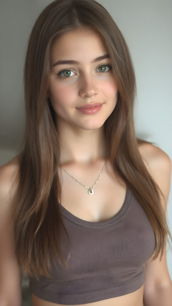 a (((perfectly detailed full body portrait))), featuring a (((beautiful young teen girl))) with straight soft long brown hair, realistic amber eyes, and a flawless fair complexion. Her expression exudes warmth and vitality, wearing a (((cropped tank top))), ((perfectly fitted)) with a (((deep v-neck))), that brings out her perfectly proportioned figure, perfectly aligned front to back. She wears a (plain silver necklace) that complements her ensemble. The scene is (((light grey and warm white) toned) to create a cozy, inviting atmosphere