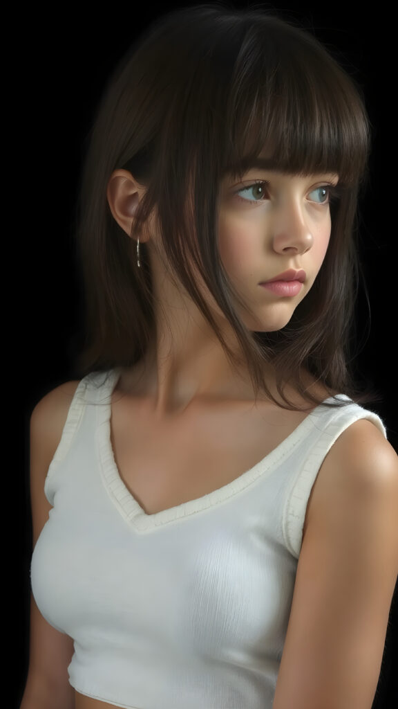 a (((perfectly proportioned portrait))), visualize a cute picture: a detailed teen girl, 14 years old, with soft straight very long jet hair, bangs cut frame her round face, exuding a sense of melancholy and loneliness, full lips, (((white cropped short tank top made of fine wool)) which perfectly shaped her body, deep v-neck), side view (((against a black backdrop))) ((upper body portrait))