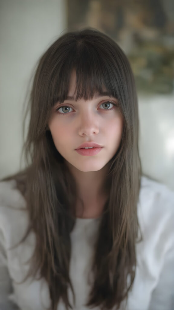 a (((perfectly detailed (((full body portrait))), capturing a (((cute teen emo girl))) with shoulder-length, soft obsidian black straight hair framing her face in side-swept bangs, emitting an otherworldly glow that gives her features a surreal, ethereal quality. Her face is (((beautifully round and flawless))), with (full, defined lips) that convey a sense of tenderness and melancholy. She's dressed in a ((white translucent, short, knee-length wool straight pants)) that show off her (extremely long, flawlessly smooth and perfectly proportioned legs). The scene is (softly backlit) with a (front fill light) on her face and (natural light) in the background, which brings out her (extremely long, silky and shiny hair).